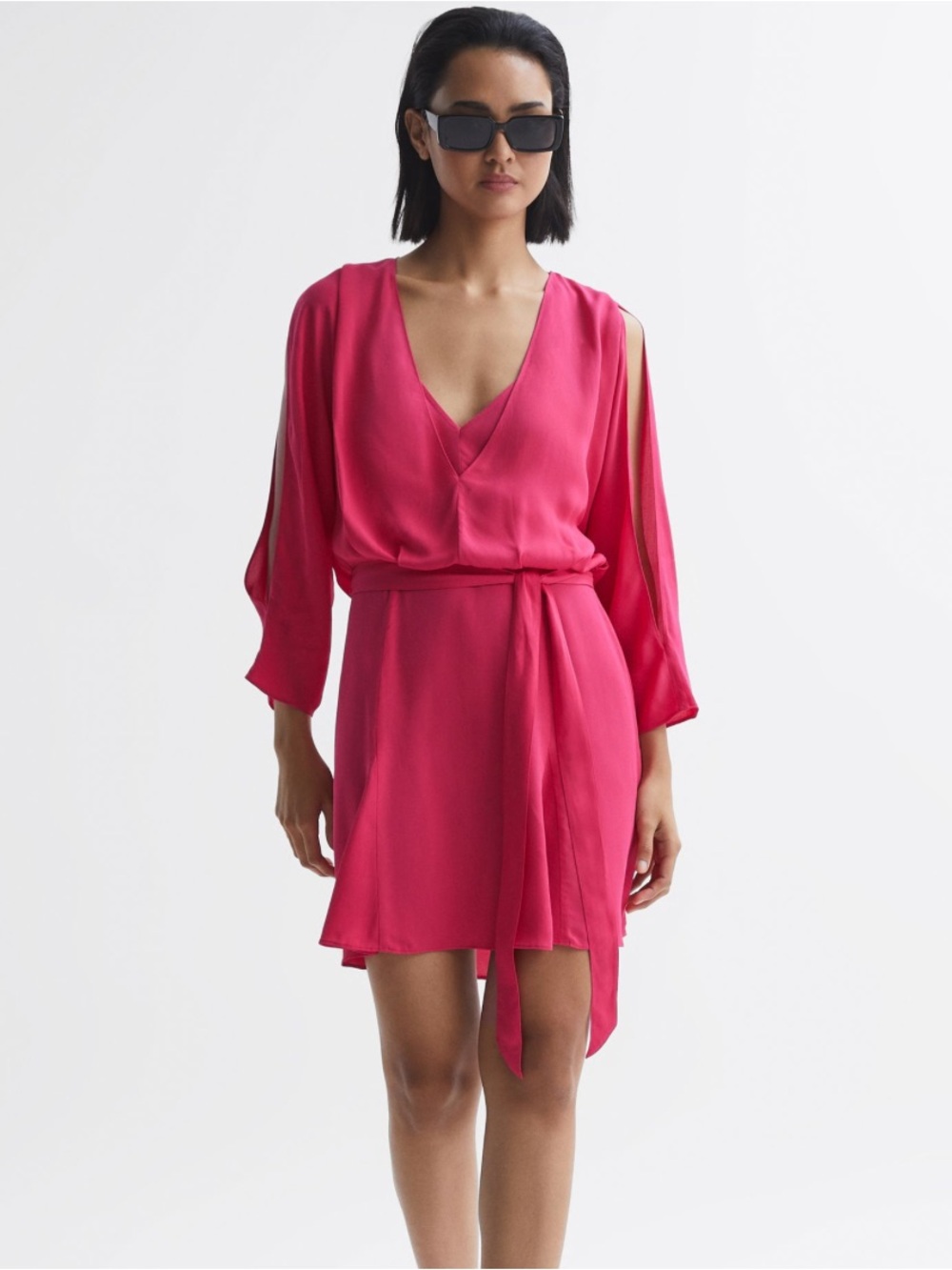 NWT Reiss Anna Open Back Split Sleeve Mini Dress long sleeve Bright Pink US 10